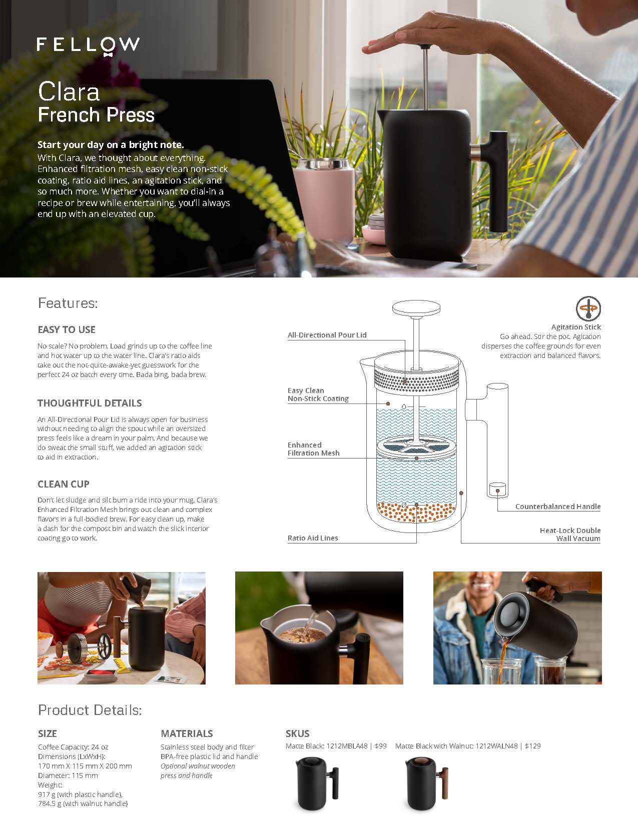 French Press Clara Valnötshandtag - Fellow